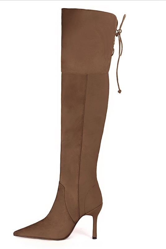 Chocolate brown women's leather thigh-high boots. Pointed toe. Very high spool heels. Made to measure. Profile view - Florence KOOIJMAN